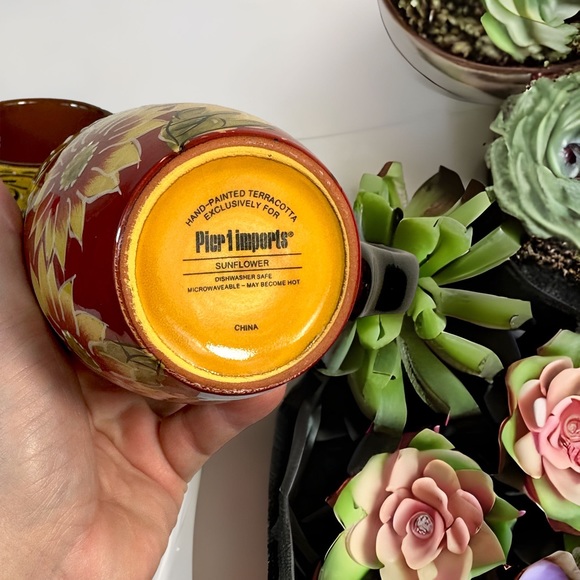 PIER 1 IMPORTS mugs sunflowers hand-painted terracotta set of two NEW burgandy - Picture 2 of 5